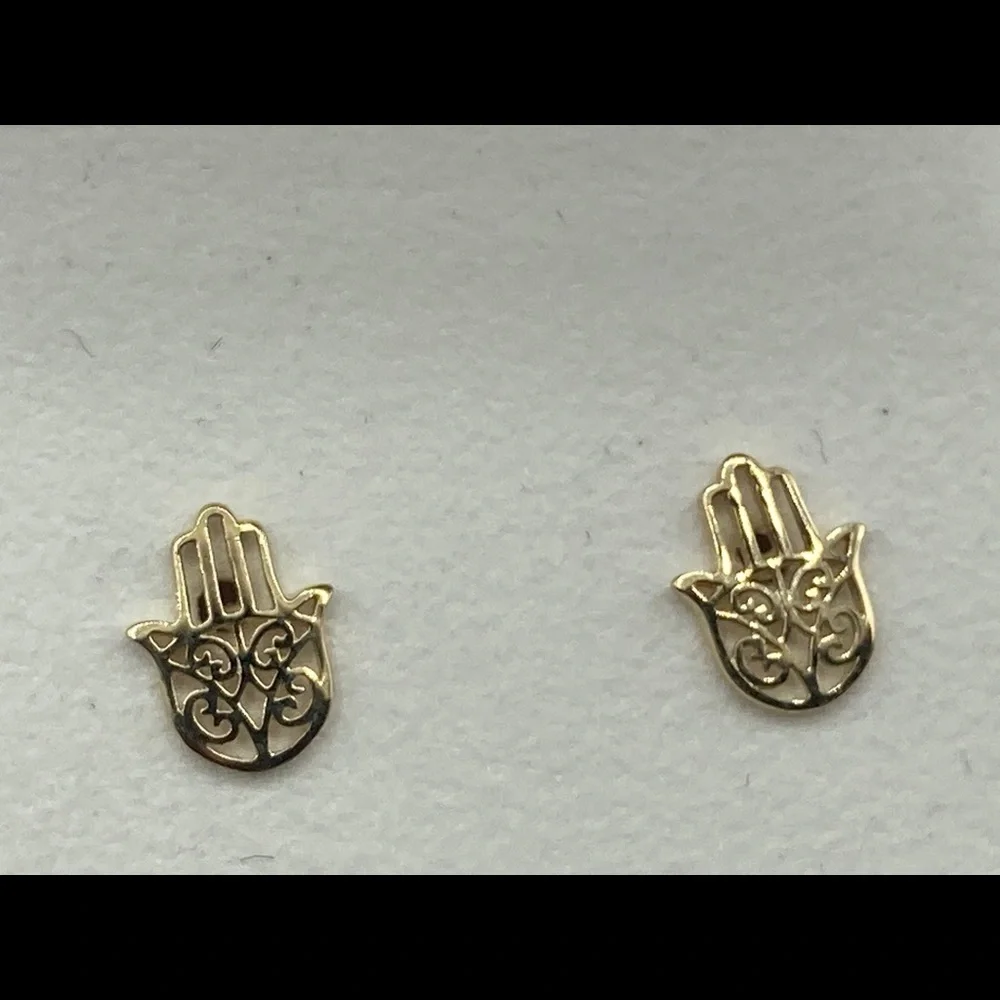 14k Yellow Gold Hand of Hamsa Earrings - Picture 1 of 4